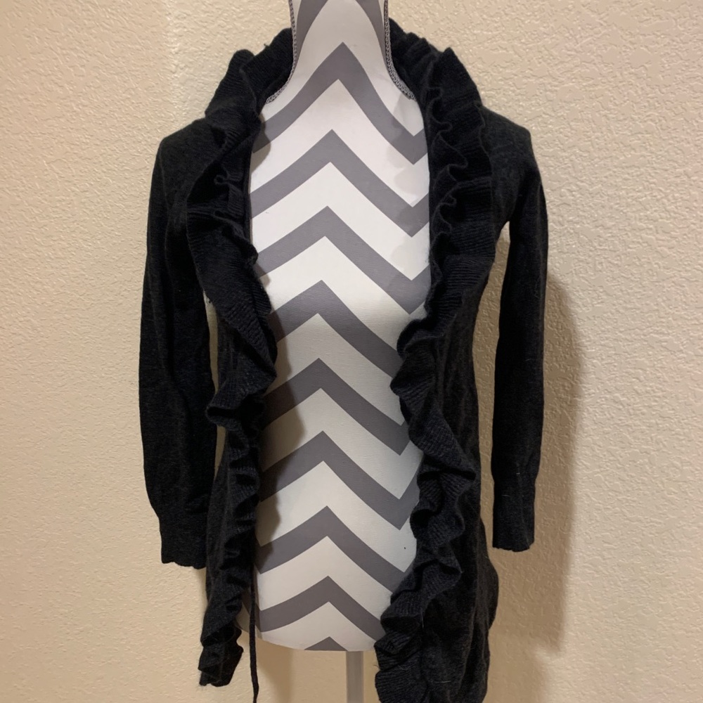 Charcoal gray long sleeve cardigan with frills size large BCBGMAXAZRIA